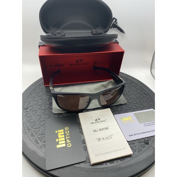 NEW BNUS Bill Benton Matte Black Polarized Sunglasses Brown HD Lenses Italy Gold - Picture 3 of 16